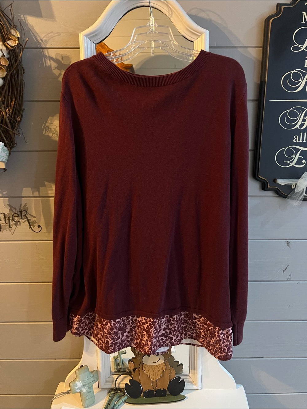 Joan Rivers Burgundy Layered-Hem Sweatshirt with Printed Trim